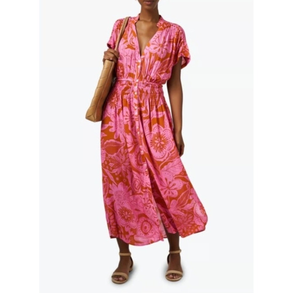 Poupette St Barth Becky Pink Floral Midi Dress Mandarin Collar XS‎ Shirt Dress